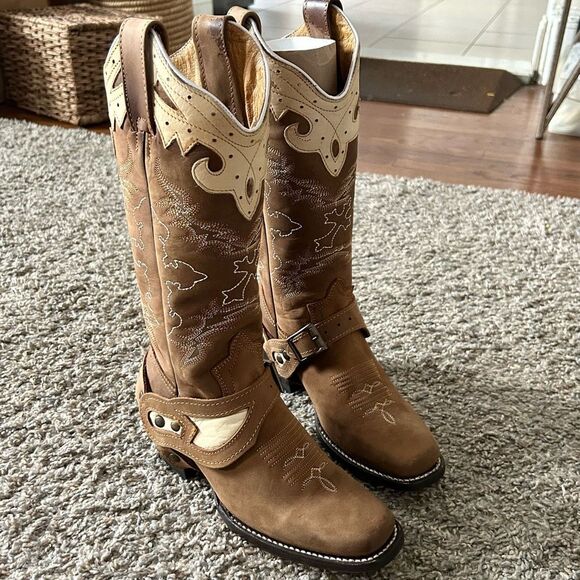 Minotauro Western Leather Cowgirl Boots Brown & Cream Size 6.5 NEW in Box - Picture 3 of 16